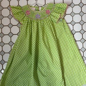 Petit Bebe Green Polka Dot Smocked Dress with Floral Appliqué size 2t